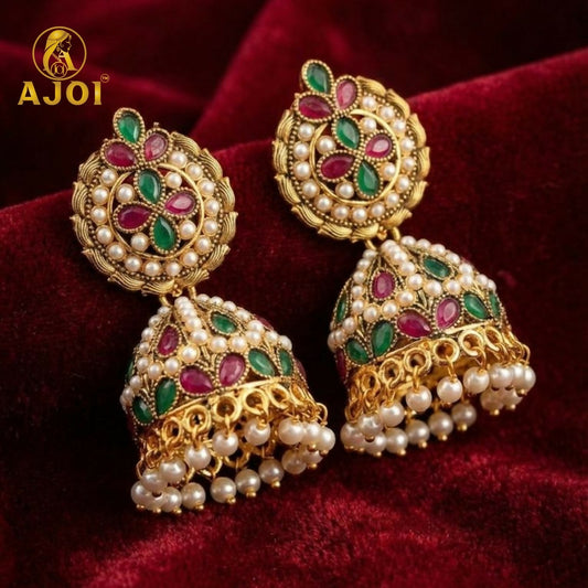Exquisite Traditional Kundan Jhumka Earrings with Ruby & Emerald Stones, Handcrafted   Artificial Gold-Tone Pearl Drop Bridal Jewelry