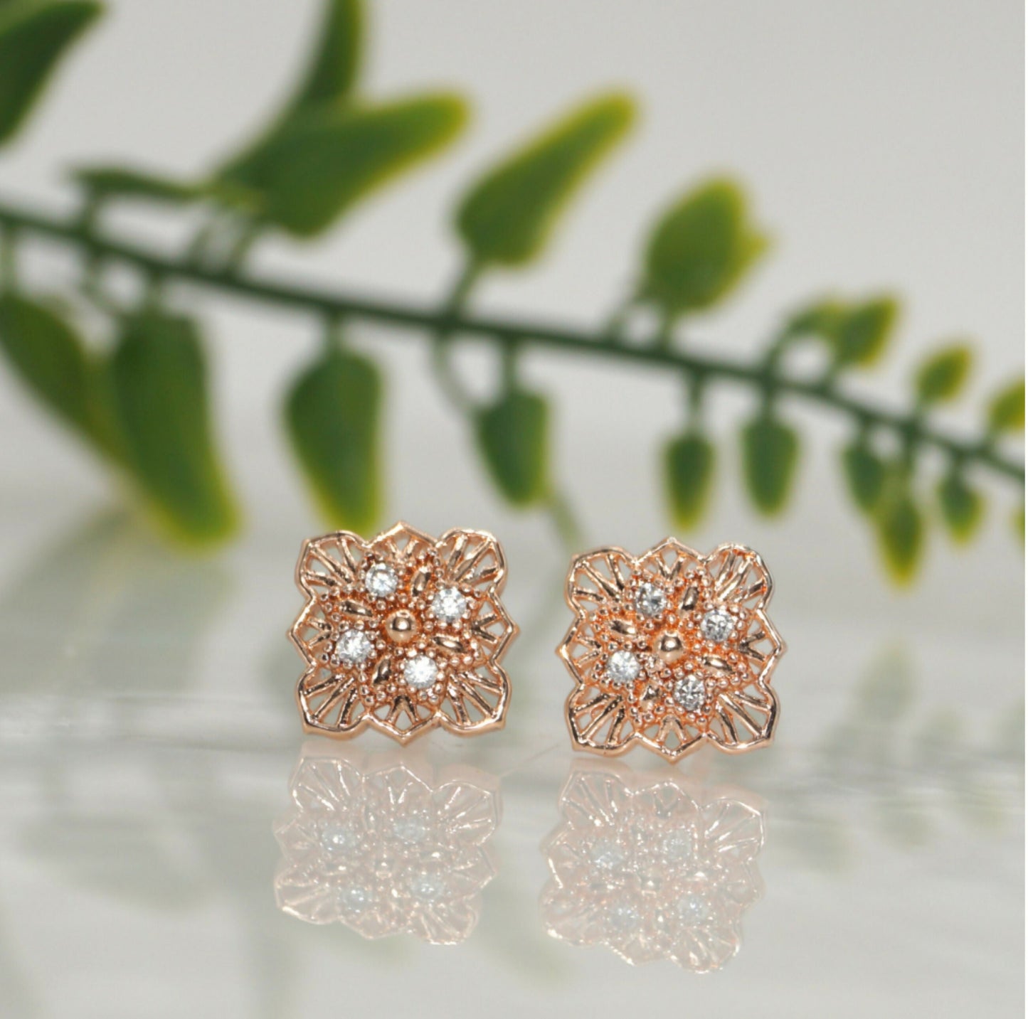 Rose    Artificial Gold Filigree Square Stud Earrings with AD