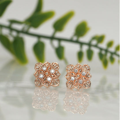 Rose    Artificial Gold Filigree Square Stud Earrings with AD