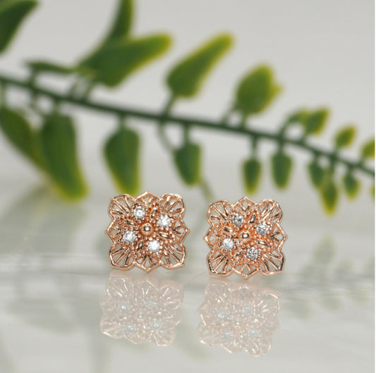 Rose    Artificial Gold Filigree Square Stud Earrings with AD