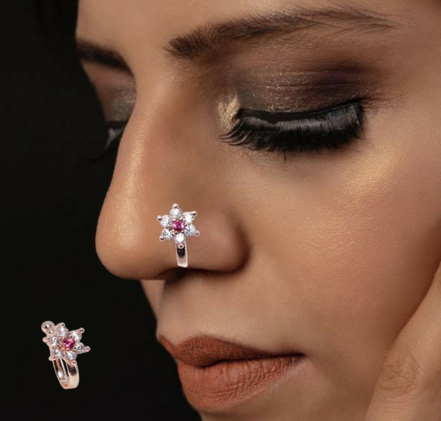 Non-Piercing AD Nose Clip Set - Flower & Gold Pave Hoop