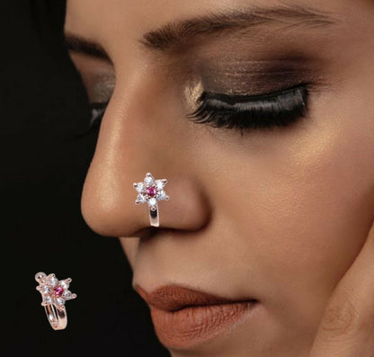 Non-Piercing AD Nose Clip Set - Flower & Gold Pave Hoop