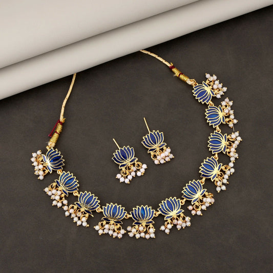 Artificial Gold-Toned BLUE Petal & AD Cluster Choker Set