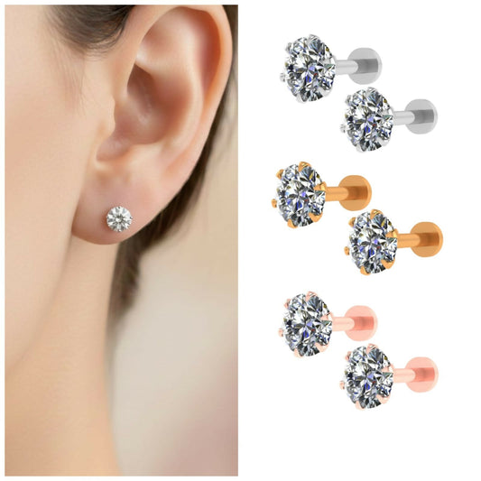 Silver    Artificial Gold rose Plated Round AD Solitaire Flat Back Stud Earrings Combo Pack of 3