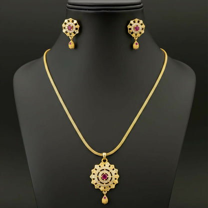 Micro   Artificial Gold-Plated Ruby and White Stone Pendant Set With Matching Earrings