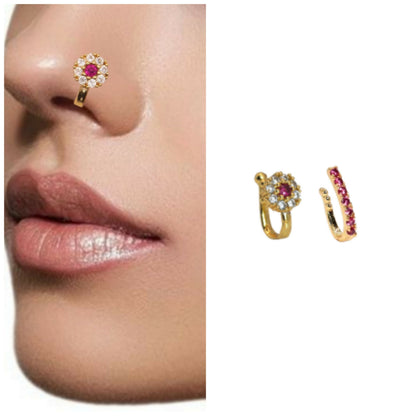 Artificial Gold Plated Clip-On Nose Pin Set AD & Pink Stone Combo Pack of 2