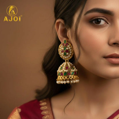 Exquisite Traditional Kundan Jhumka Earrings with Ruby & Emerald Stones, Handcrafted   Artificial Gold-Tone Pearl Drop Bridal Jewelry
