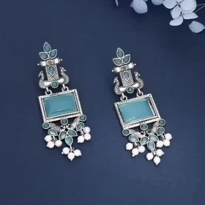 Traditional Oxidized Silver Blue Stone Pearl Drop Earrings