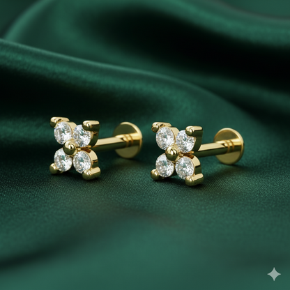 Artificial Gold plated AD Flower Flat Back Nosepin Stud Combo Pack of 2