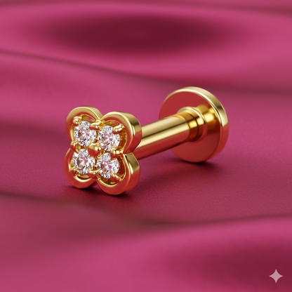 Artificial Gold plated Clover Flat-Back AD Nosepin Stud Piercing for women and girls
