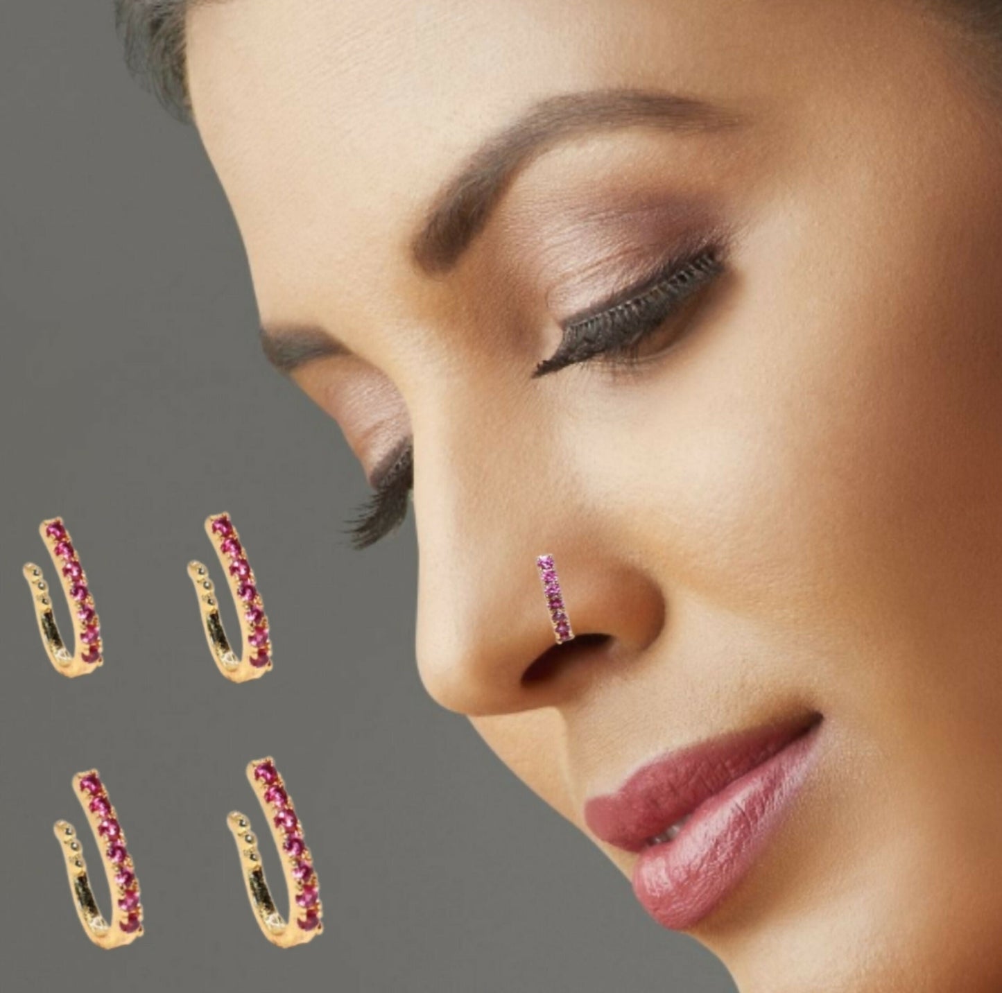 Artificial Gold Plated Ruby CZ Single Row Non-Pierced Nose Cuff/Ring