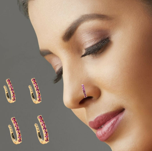 Artificial Gold Plated Ruby CZ Single Row Non-Pierced Nose Cuff/Ring