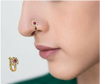 Artificial Gold Plated Floral Clip-On Nose Pin | Red & White Stone