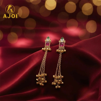 Pink Stone Kashmiri Long Chain Ghungroo Earrings.