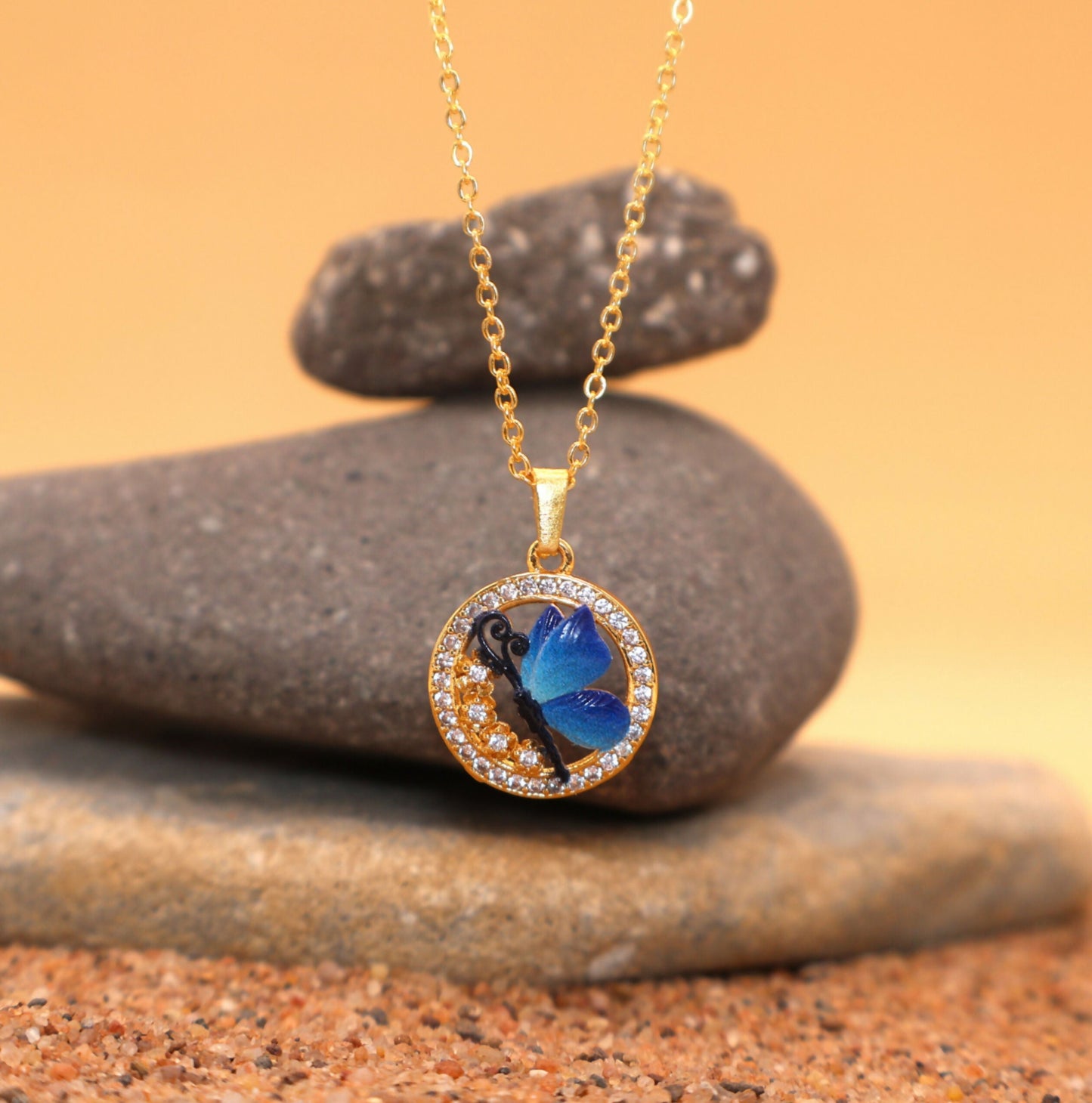 Artificial Gold Plated Blue Enamel Butterfly Circle Pendant Necklace For women and girls
