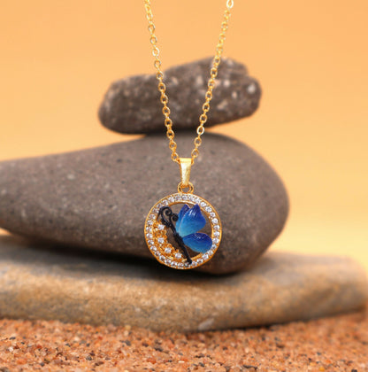 Artificial Gold Plated Blue Enamel Butterfly Circle Pendant Necklace For women and girls