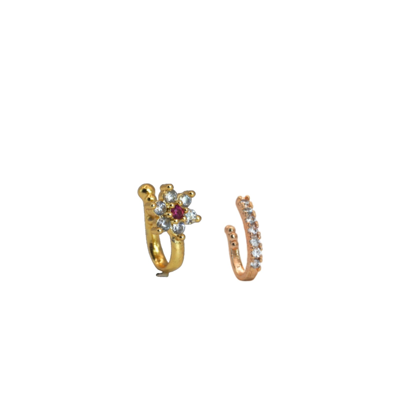 CZ Flower & Line Non-Piercing Nose Ring/Nath Combo Set Combo Pack of 2