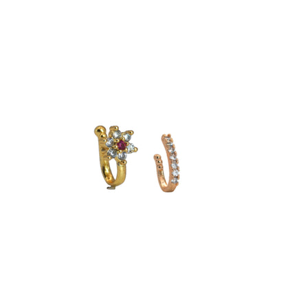 CZ Flower & Line Non-Piercing Nose Ring/Nath Combo Set Combo Pack of 2