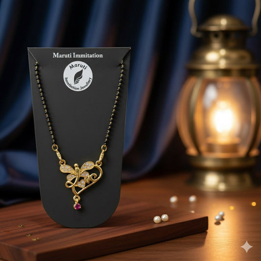 Butterfly Design   Artificial Gold-Tone Mangalsutra with Sparkling Stones & Pink Dangler