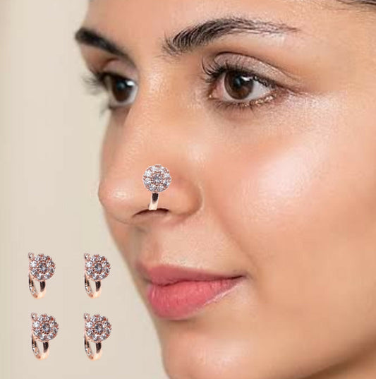 Rose    Artificial Gold Pink/White CZ Floral Non-Pierced Clip-On Nose Pin Combo Pack of 4