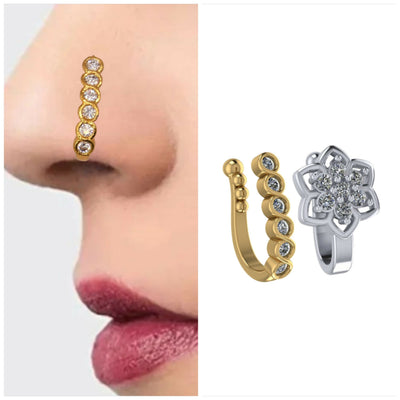 Non-Piercing Nose Pin Set:    Artificial Gold Dotted & Silver Flower Clip-On