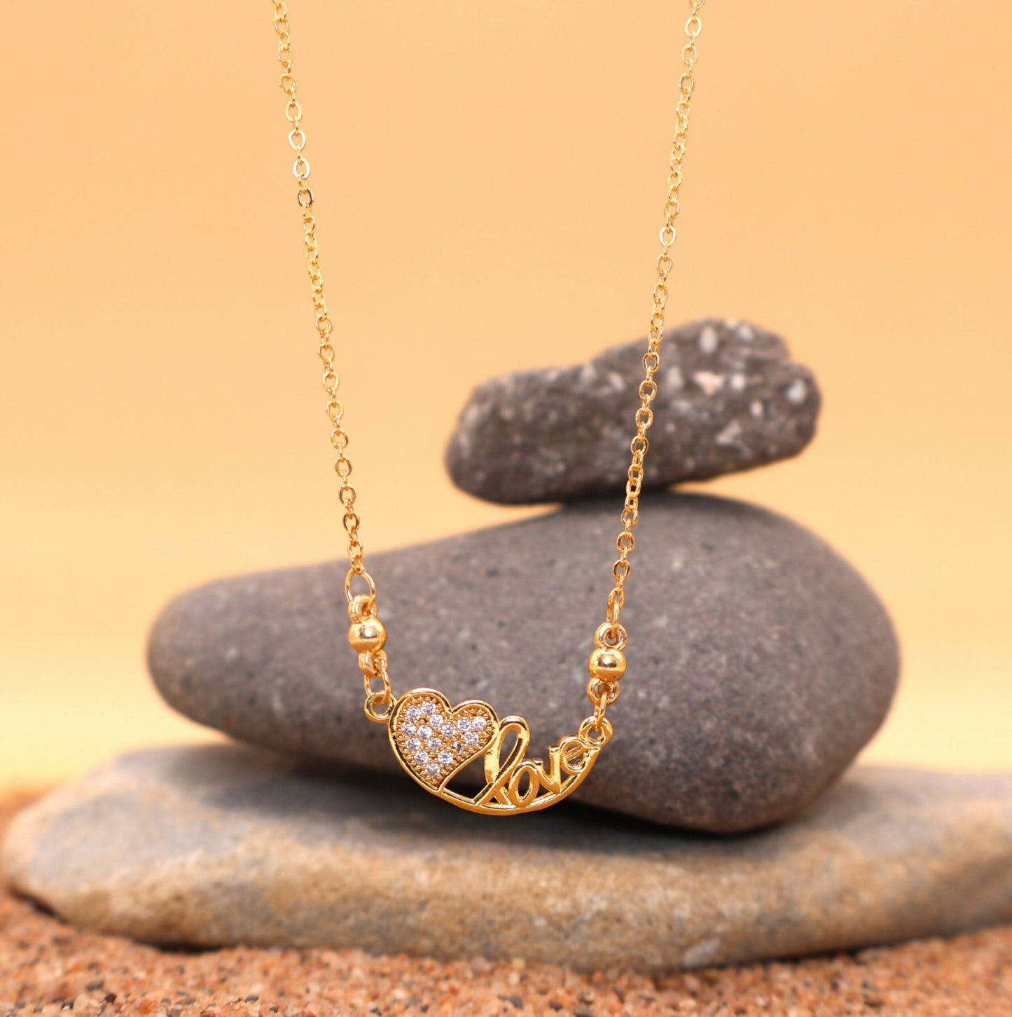 Dainty   Artificial Gold Plated AD Heart Love Pendant Necklace For women and girls