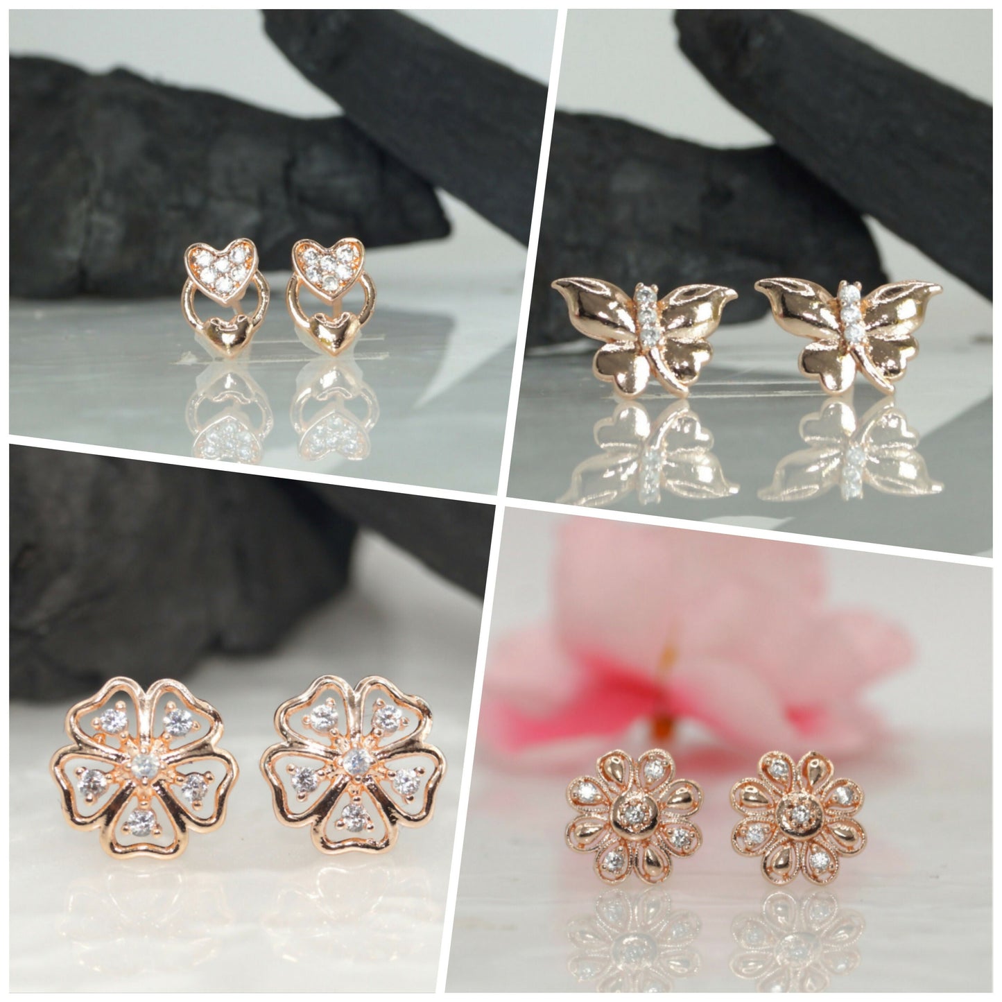 Rose    Artificial Gold Stud Earrings Combo: Heart, Butterfly, Flower for women and girls Combo Pack of 4