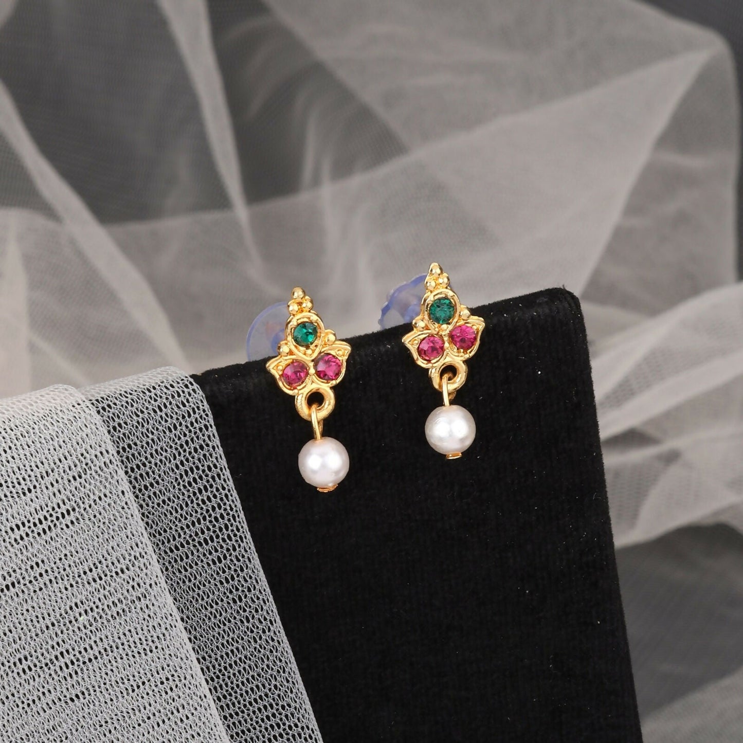 Artificial Gold-Tone Green-Pink & Crystal Flower Choker with Pearl Drops