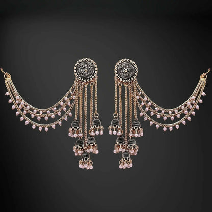 Traditional    Artificial Gold Tone Jhumka Earrings with Pearl Drops and Elegant Layered Chain Design for Women