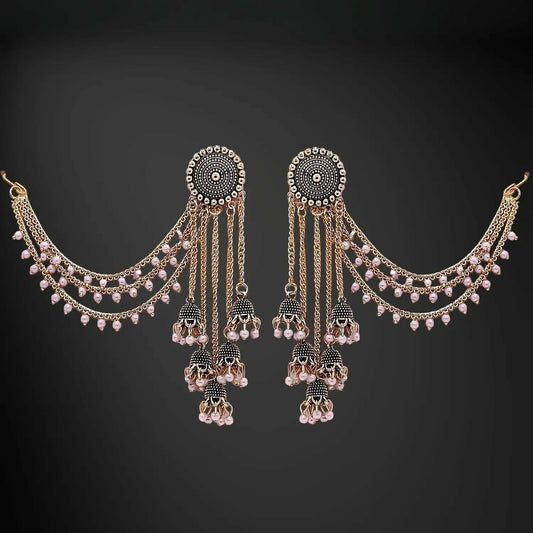 Traditional    Artificial Gold Tone Jhumka Earrings with Pearl Drops and Elegant Layered Chain Design for Women