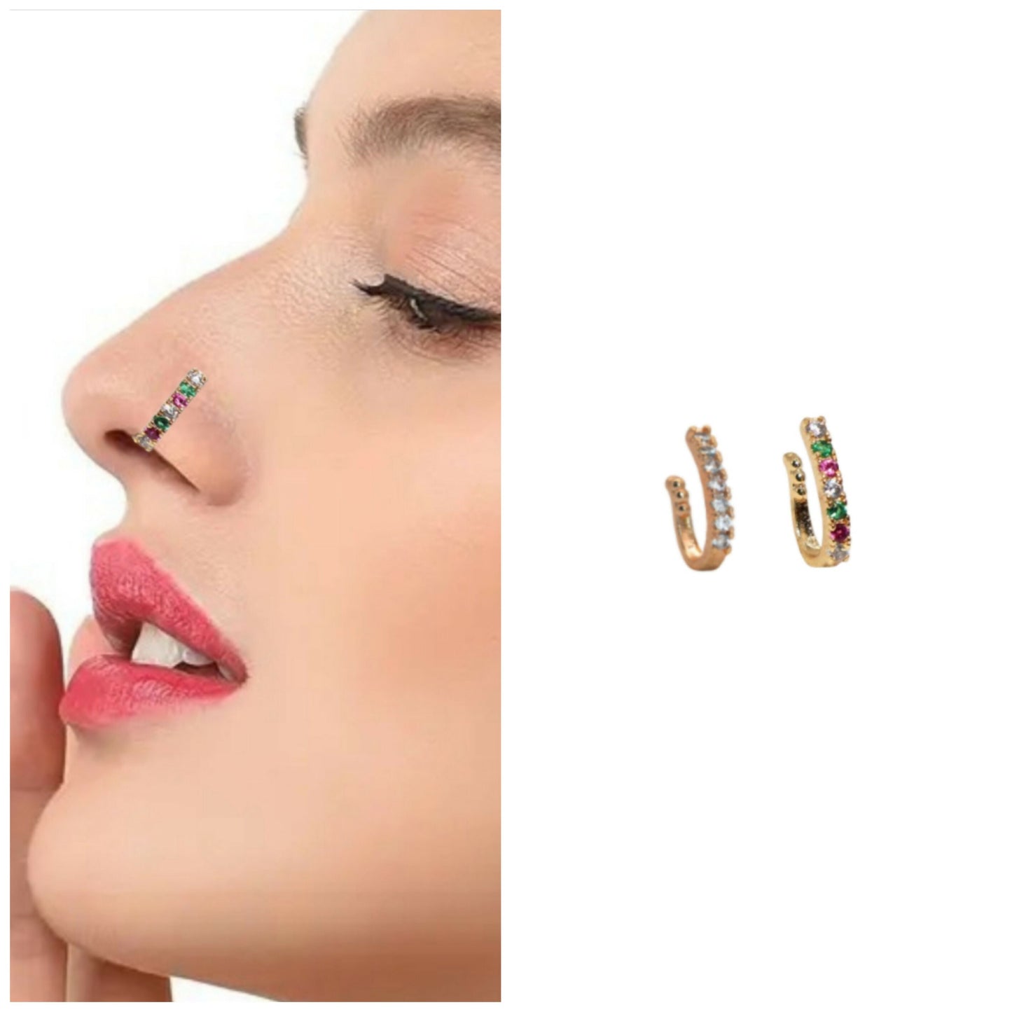 2 Pcs    Artificial Gold Plated AD Non-Piercing Nose Clip Ring Set