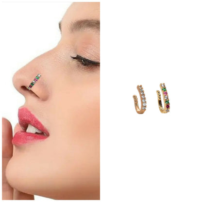 2 Pcs    Artificial Gold Plated AD Non-Piercing Nose Clip Ring Set