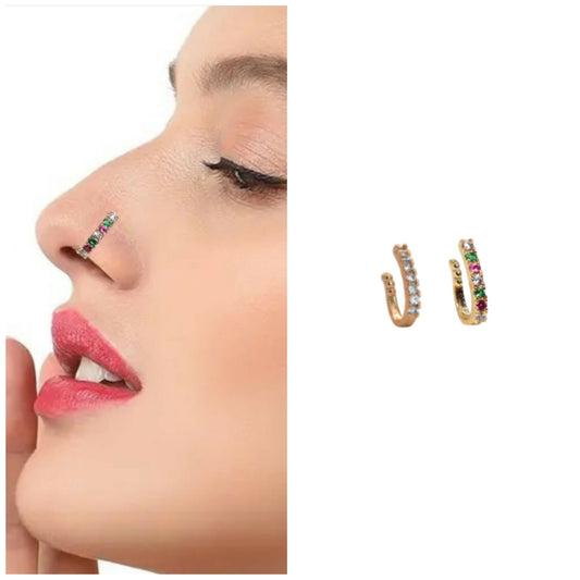 2 Pcs    Artificial Gold Plated AD Non-Piercing Nose Clip Ring Set