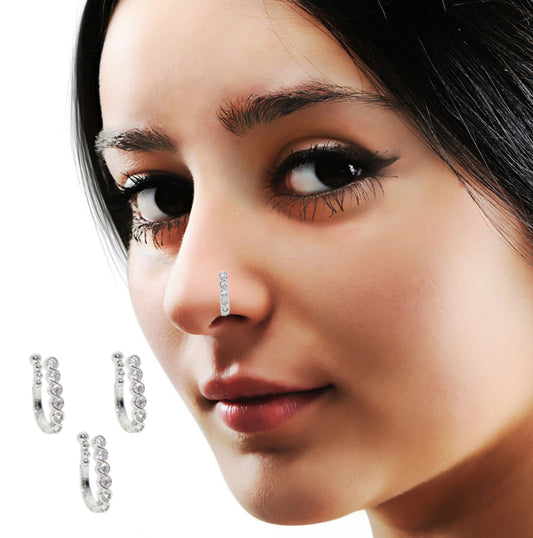 Silver Plated Crystal Heart Nose Clip/Non-Pierced Nath Combo Pack of 3