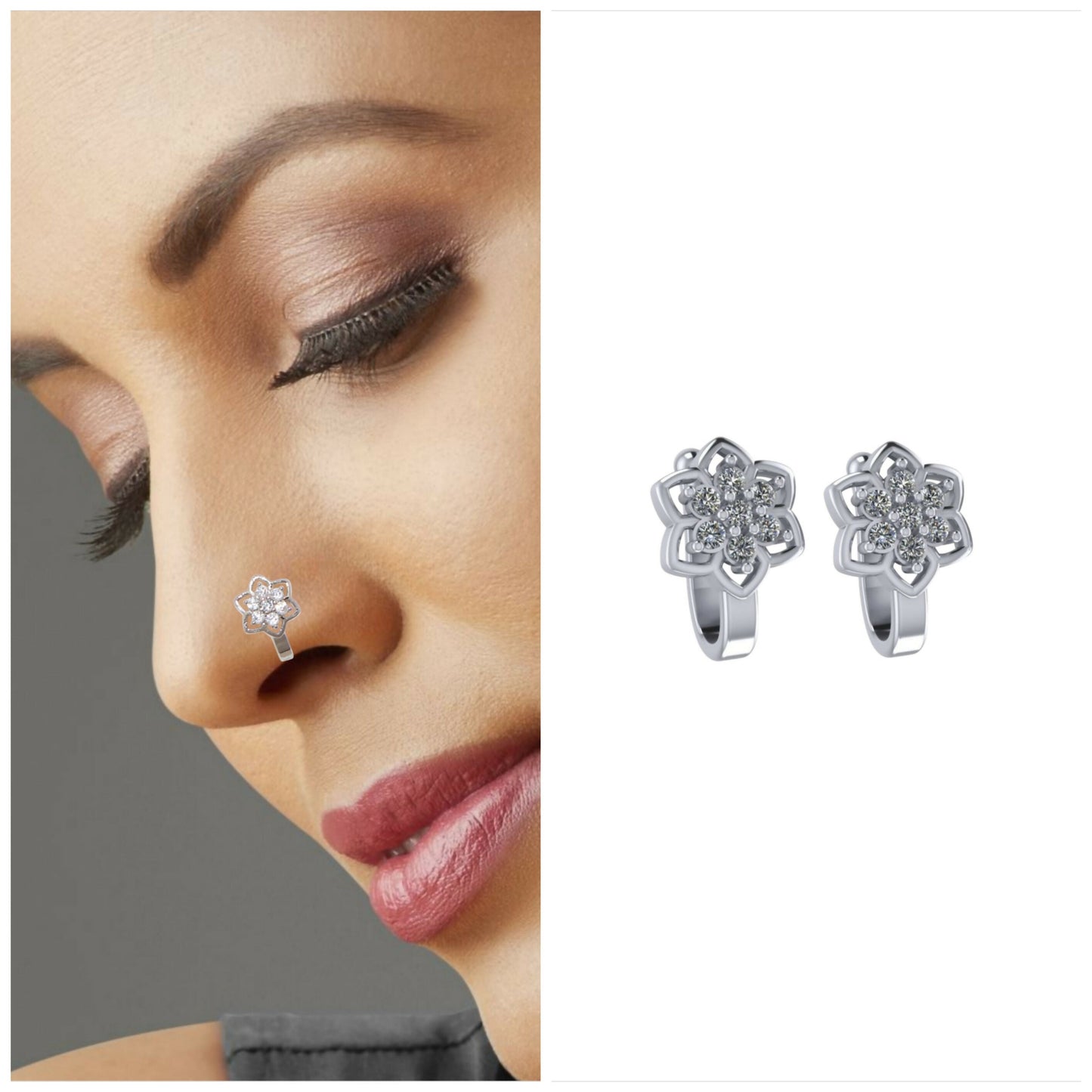 2Pc Non-Piercing Nose Ring Set Floral & Cuff    Artificial Gold Silver AD