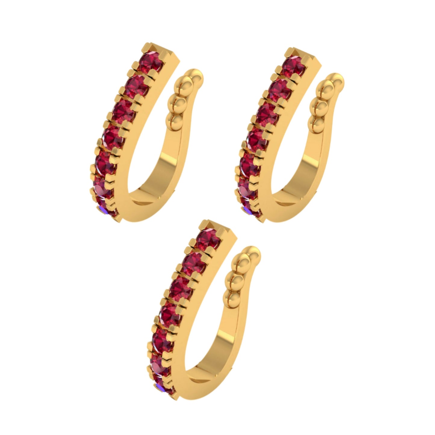 Artificial Gold Plated Ruby CZ Single Row Non-Pierced Nose Cuff/Ring Combo Pack of 3