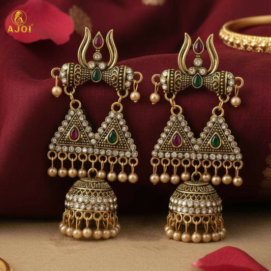 Traditional Shiv Trishul Design Antique    Artificial Gold Jhumka Earrings with Stone Work