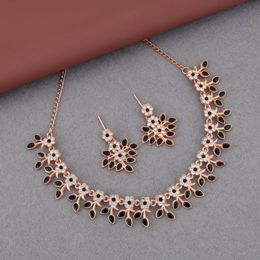 Chic Rose   Artificial Gold-Toned Floral & Black Leaf Necklace Set