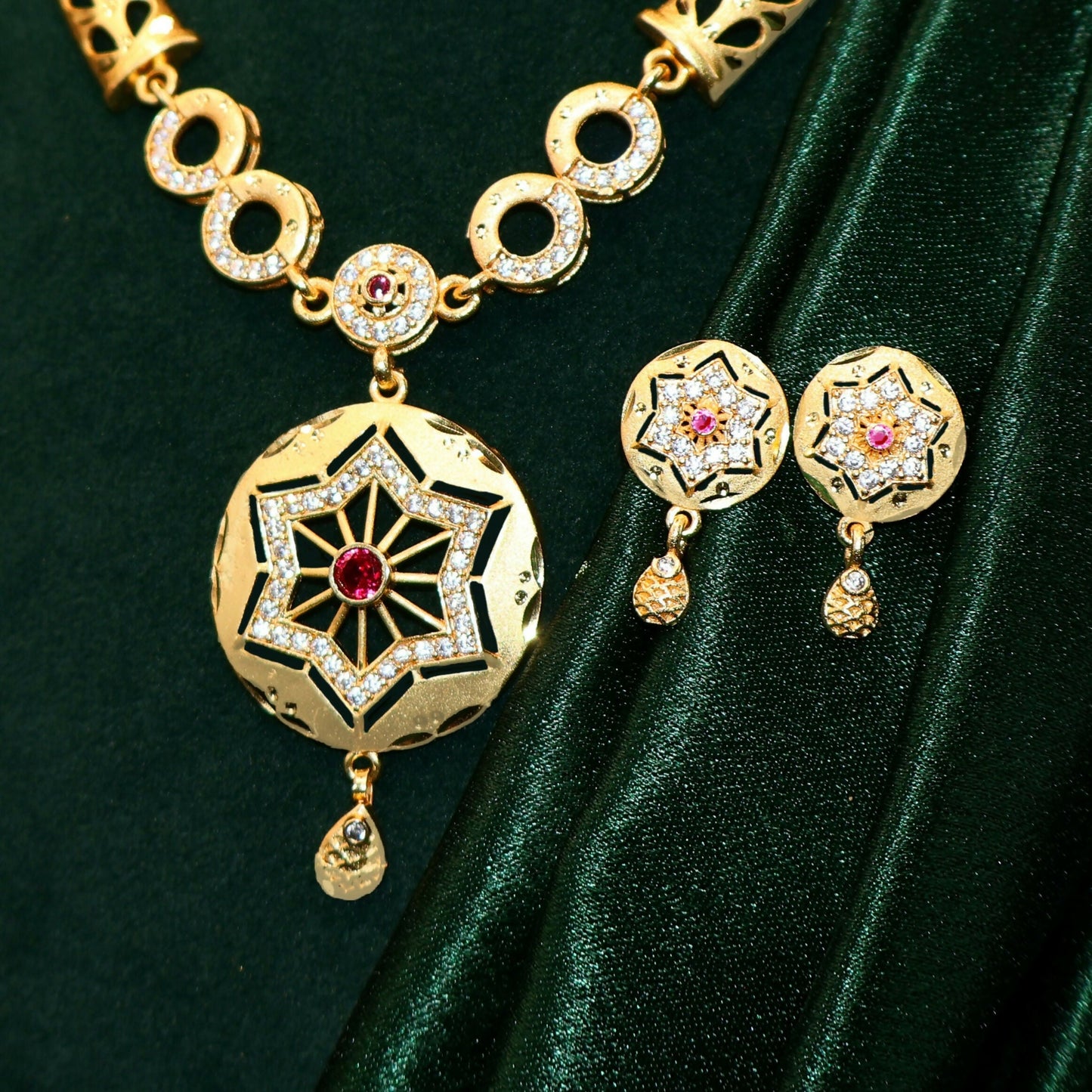 Artificial Gold Plated Star Pendant Forming Necklace Set with AD & Ruby Accents