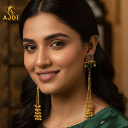 Kashmiri Style    Artificial Gold Plated Floral Long Latkan Earrings For Women And Girls