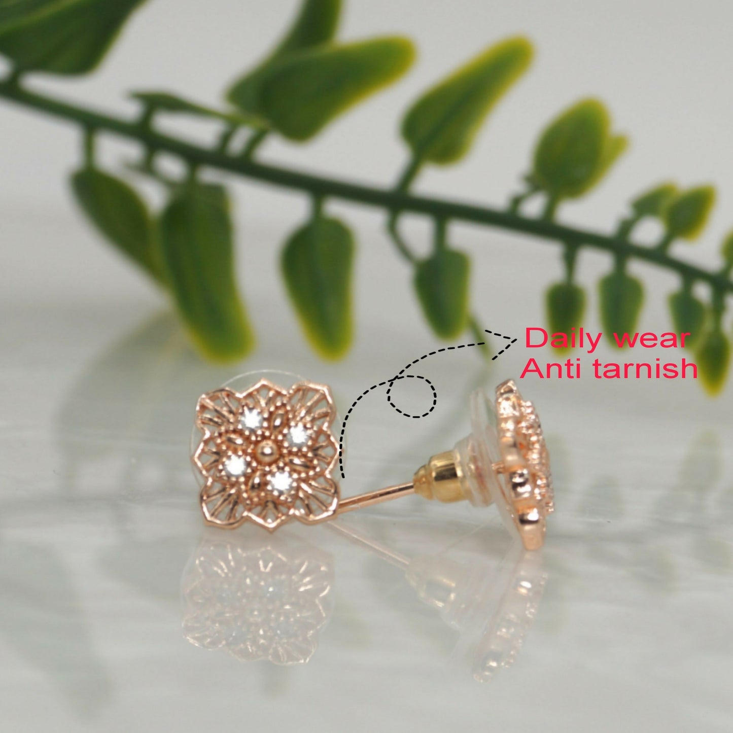 Rose    Artificial Gold Filigree Square Stud Earrings with AD