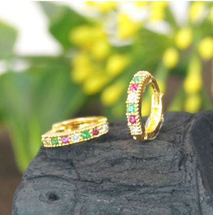 Artificial Gold Plated Bezel AD Bali Huggie Hoop Earrings Kan ki Bali for Daily Wear Combo Pack of 2