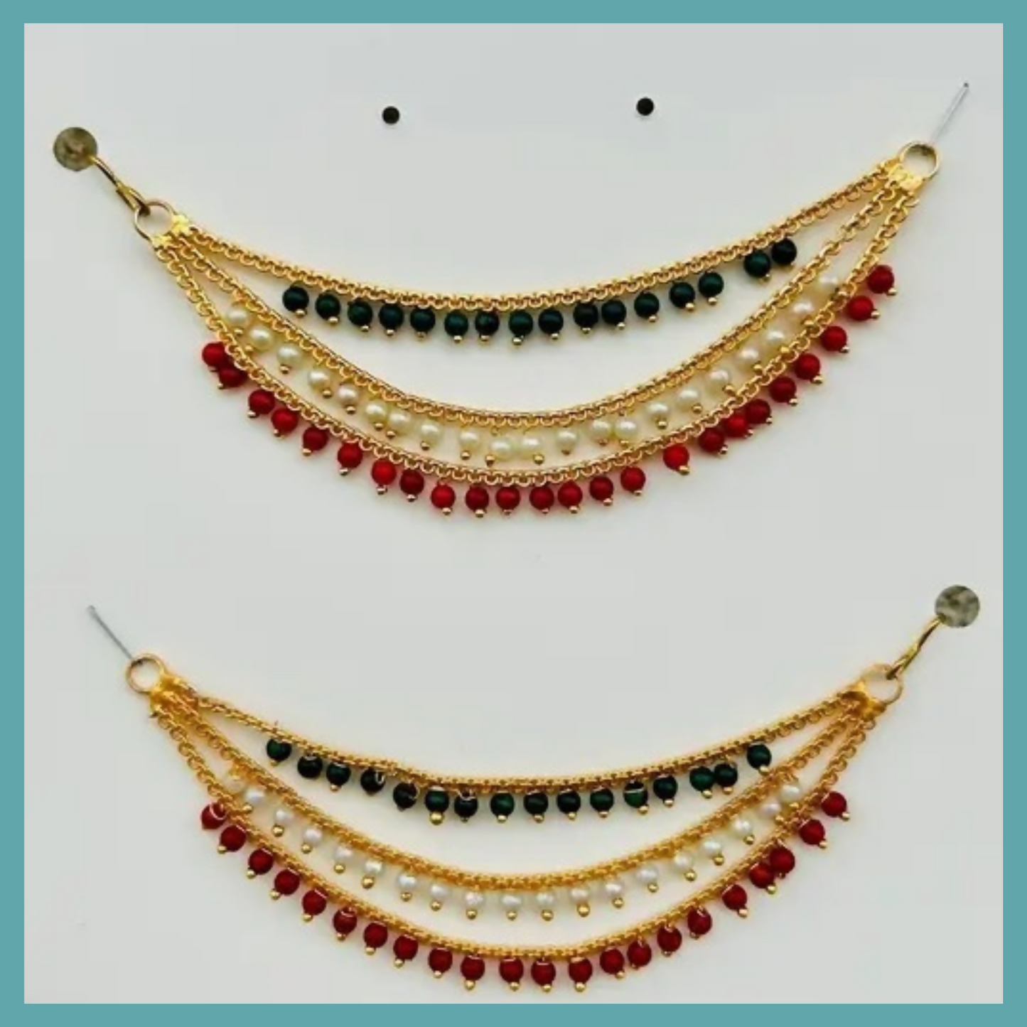 Artificial Gold-Plated Ear Chain Kanser with Red Green Beads and Pearls for Women’s Wedding Jewelry