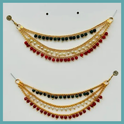 Artificial Gold-Plated Ear Chain Kanser with Red Green Beads and Pearls for Women’s Wedding Jewelry