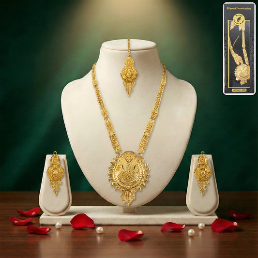Luxury Bridal   Artificial Gold-Finish Long Necklace Set with Traditional Engraved Pendant
