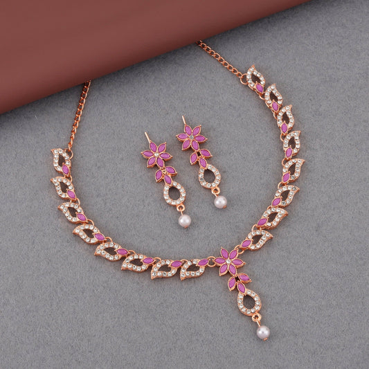 uxurious Rose    Artificial Gold Plated Magenta Stone Necklace Set with Pearl Drop