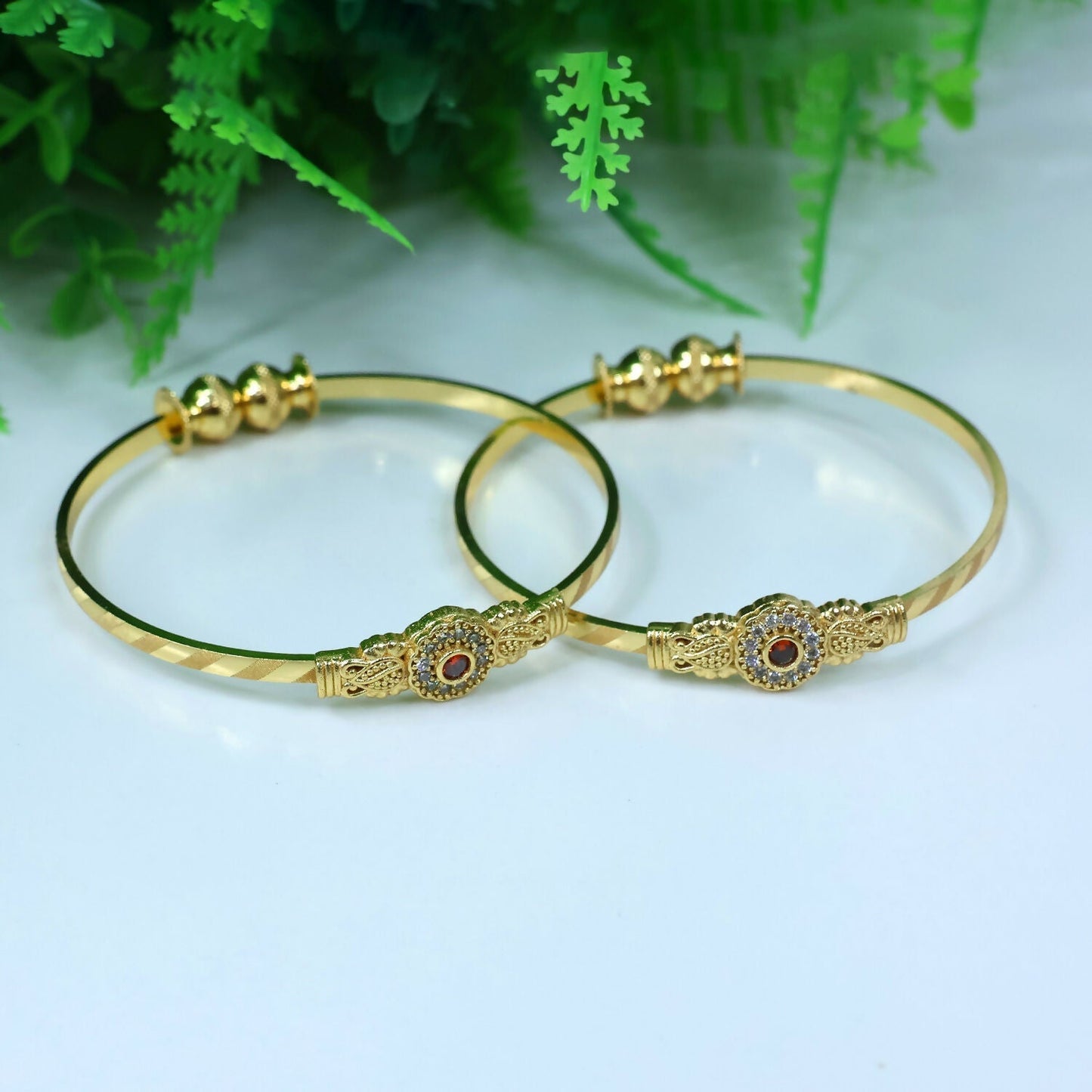 Floral Design Bangles with Stone Center and Beaded Accents