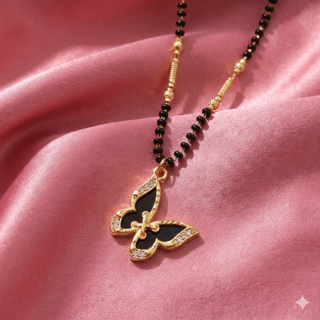 Artificial Gold-Plated AD Butterfly Mangalsutra with Black Bead Chain for women