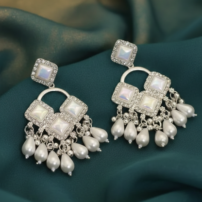 Elegant Silver Plated Chandelier Earrings Featuring Square Crystals and White Teardrop Beads