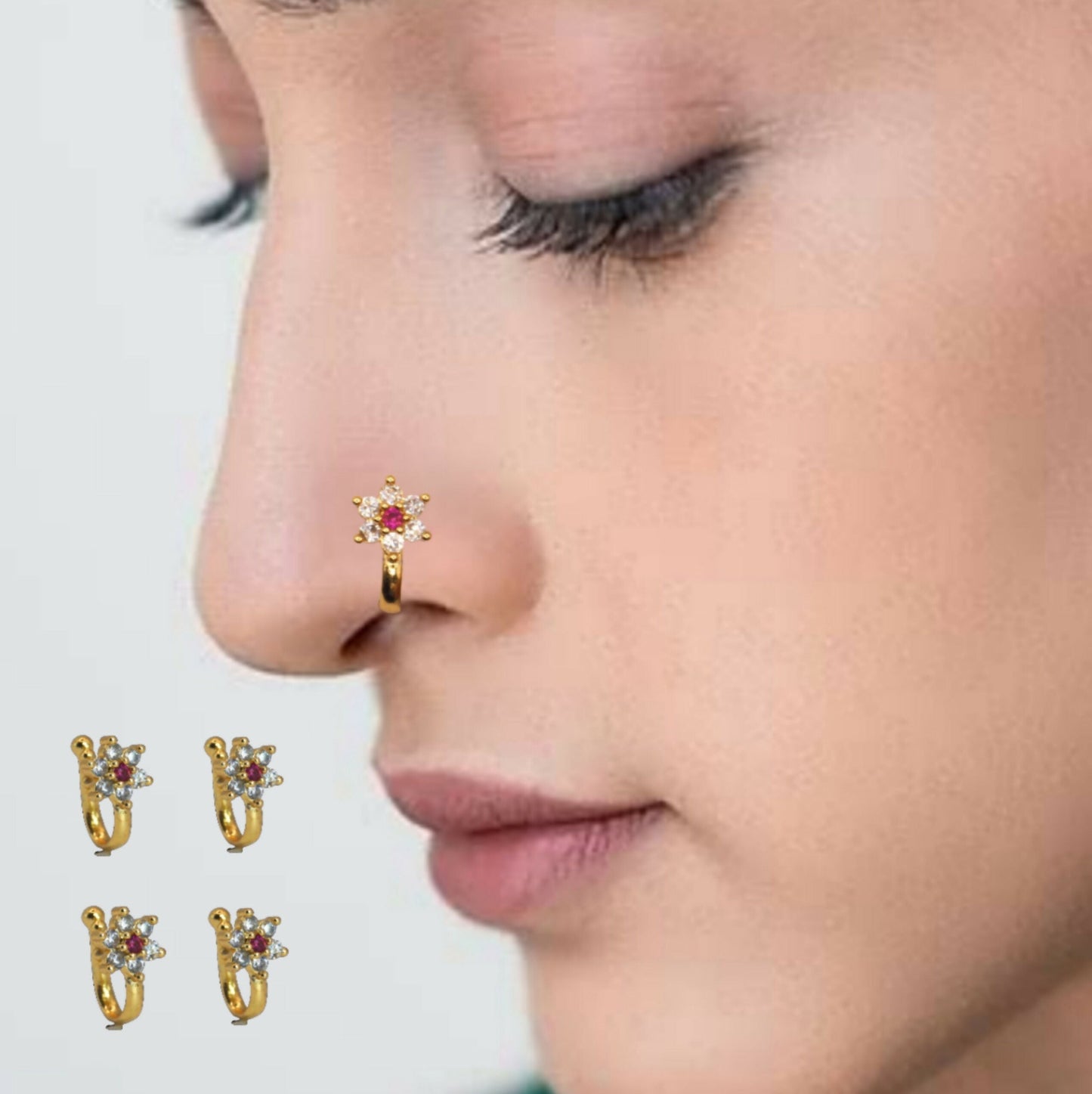 Artificial Gold Plated Floral Red & White Stone Clip-On Nose Ring for Women Combo Pack of 4